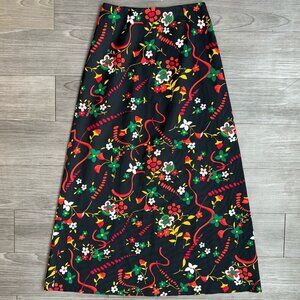 Vintage 70s Holiday A-Line Floral Print Black Maxi Skirt Groovy Unbranded Size X